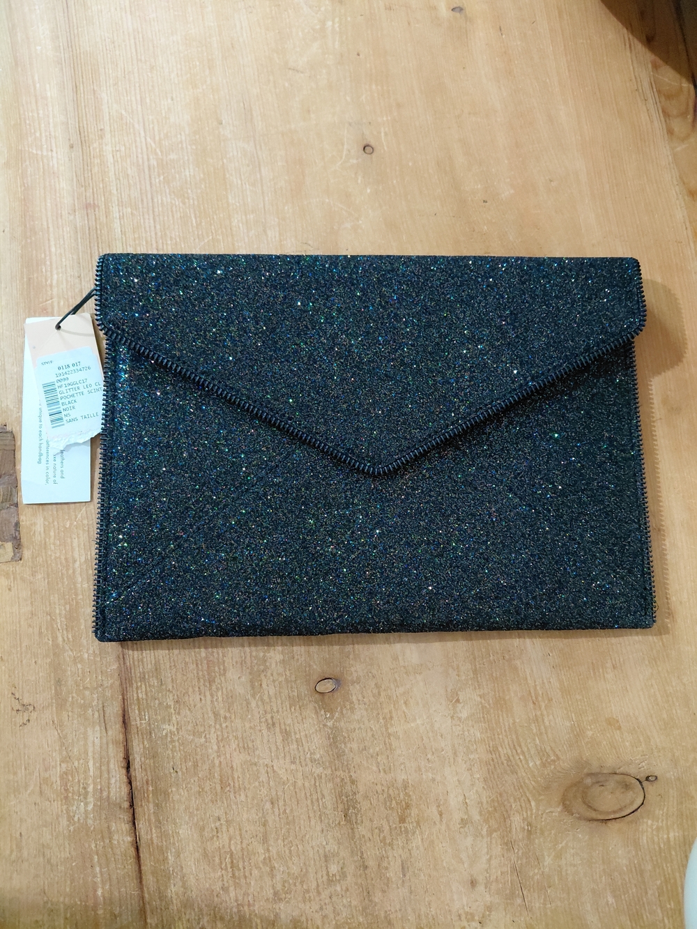 Rebecca Minkoff Black Glitter Leo Envelope Clutch NWT